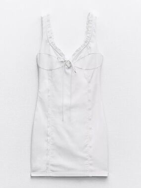 Zara White Lace-Trim Mini Dress With Tie
